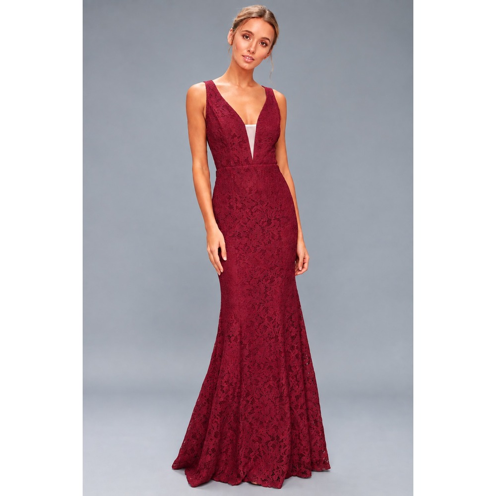 Lulus Dress Womens S Red Floral Lace V Neck Sleeveless Mermaid Maxi Formal
